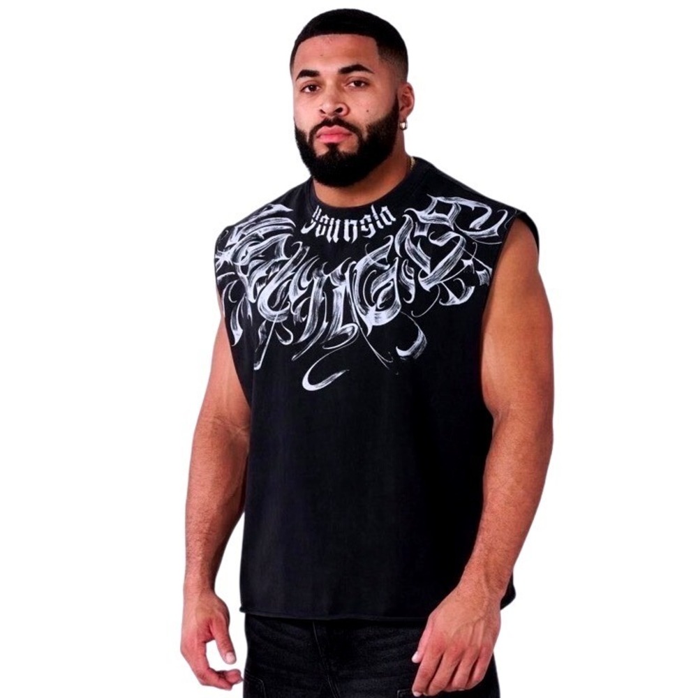 YoungLA 3057 Scripted Black Wash Muscle Tee Sleeveless Gym Shirt Mens Large NEW